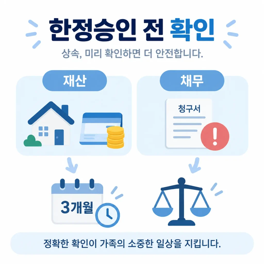 한정승인 법무사 신청 전 재산과 채무 확인 인포그래픽