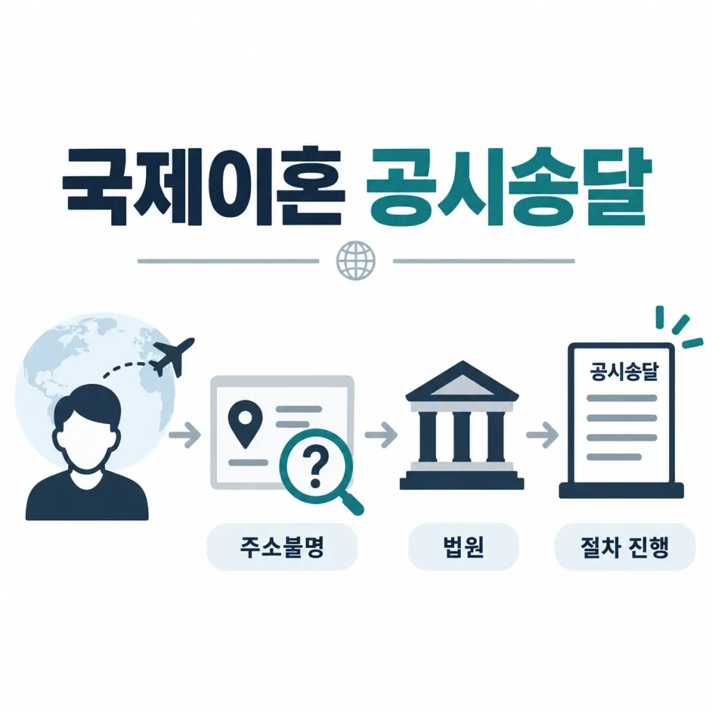국제이혼 공시송달 시 해외 배우자 주소불명 확인과 법원 송달절차 인포그래픽