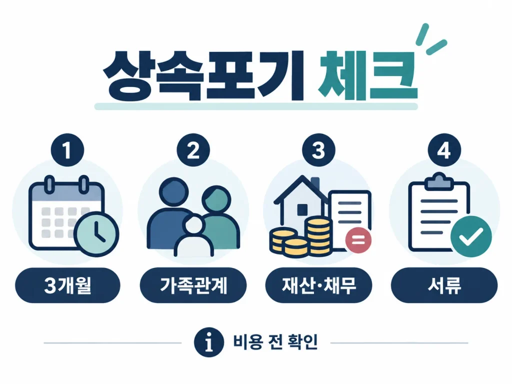 상속포기 신청 전 3개월 가족관계 재산 채무 서류를 확인하는 체크리스트 인포그래픽