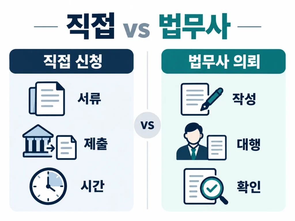 상속포기 직접 신청과 법무사 의뢰의 서류 작성 제출 절차를 비교한 인포그래픽