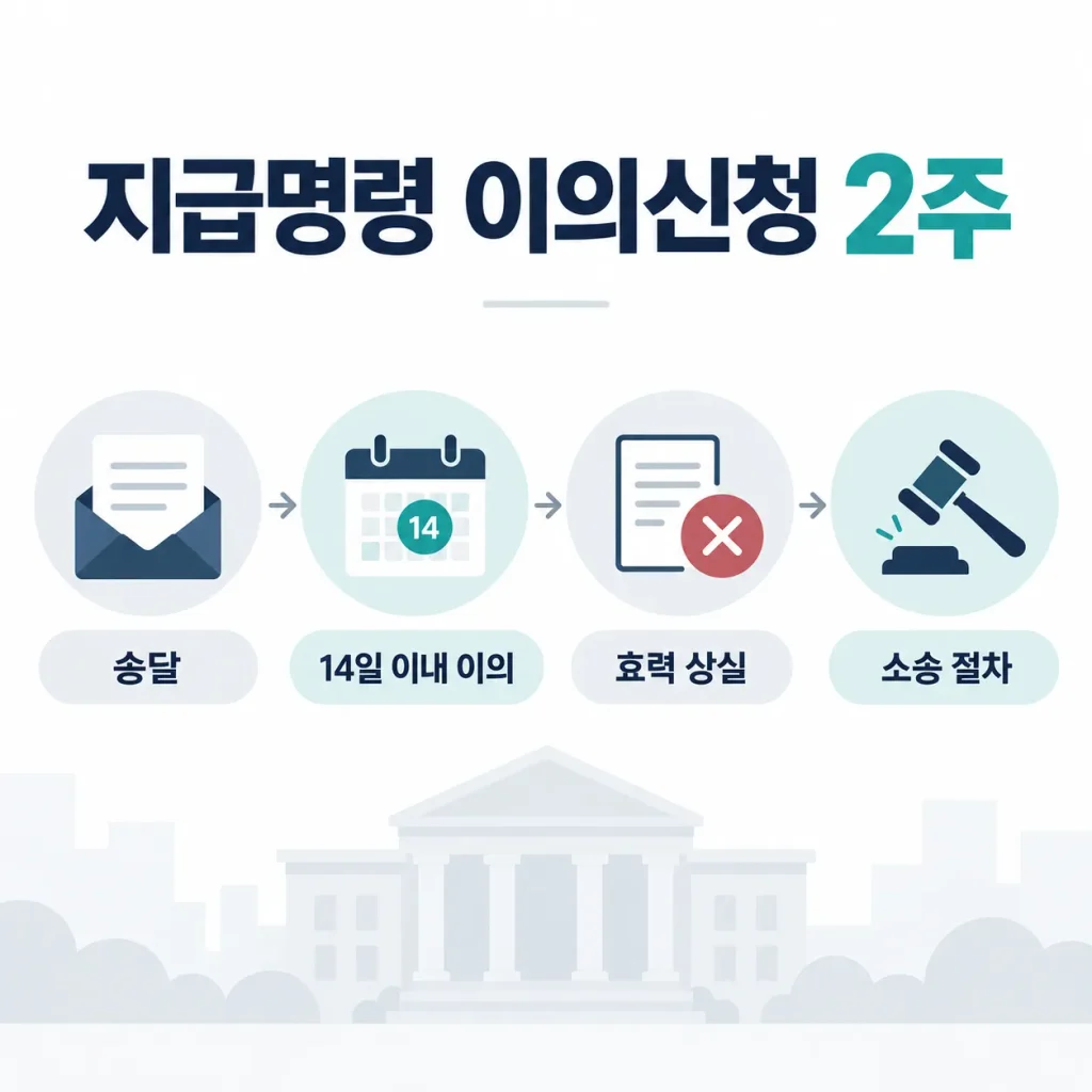 지급명령 이의신청 2주와 소송 절차 전환 흐름을 정리한 인포그래픽