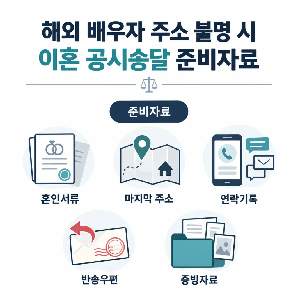 국제이혼 공시송달 준비서류 혼인관계증명서 마지막 주소 연락기록 반송우편 증빙자료